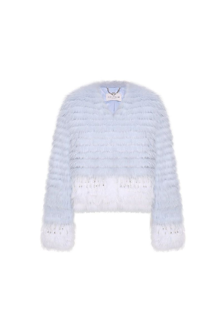 OZLANA Full Fur Jackets | Crown Crystal Contrast V Neck Fox Fur Jacket (Blue)