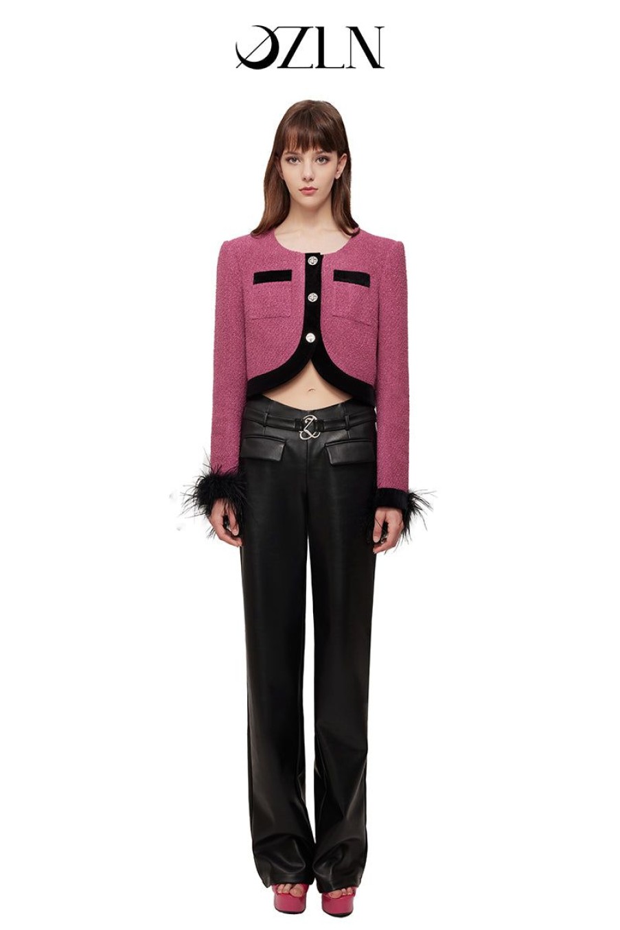 OZLANA Tops | Ozln Detachable Feather Glitz Tweed Jacket(Rose Red)