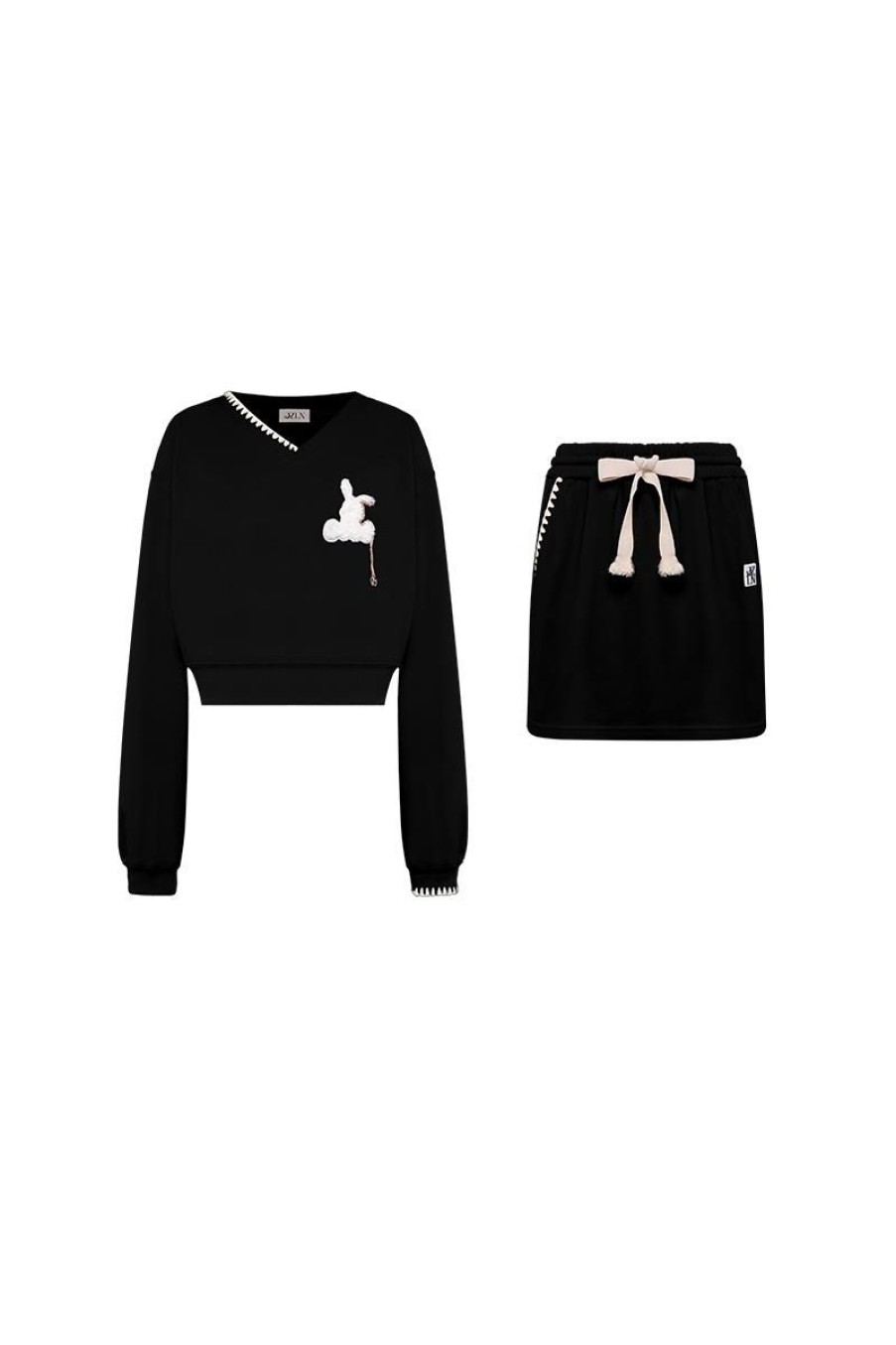 OZLANA Dresses & Sets | Bunny Stitched Lounge Skirt & Sweatshirt Set (Black)