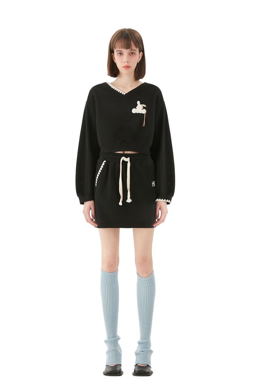 OZLANA Dresses & Sets | Bunny Stitched Lounge Skirt & Sweatshirt Set (Black)