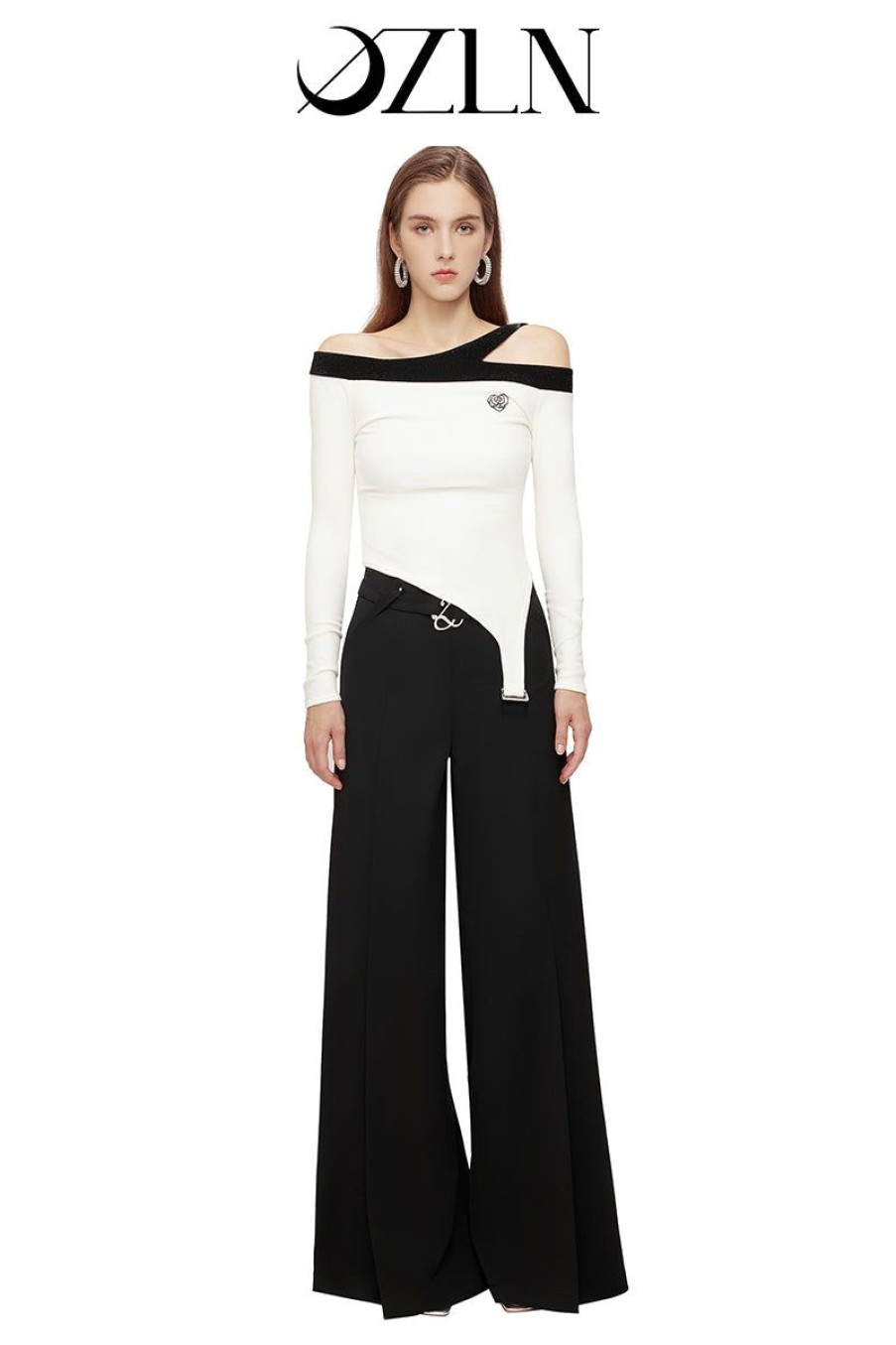 OZLANA Bottoms | Ozln Wide Leg Slit Suit Pants(Black)