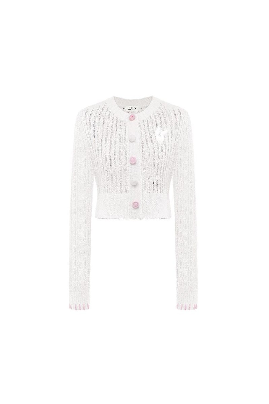 OZLANA Tops | Contrast Button Knitted Cardigan (Cream)