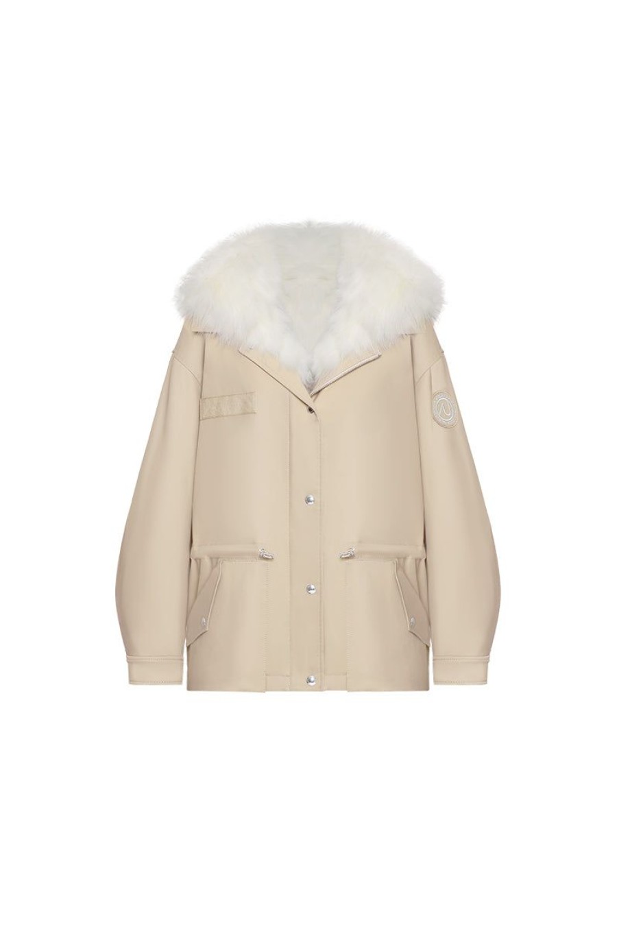 OZLANA Classic & Designer Parkas | Khaki Transform Parka +White Hooded Fur Coat