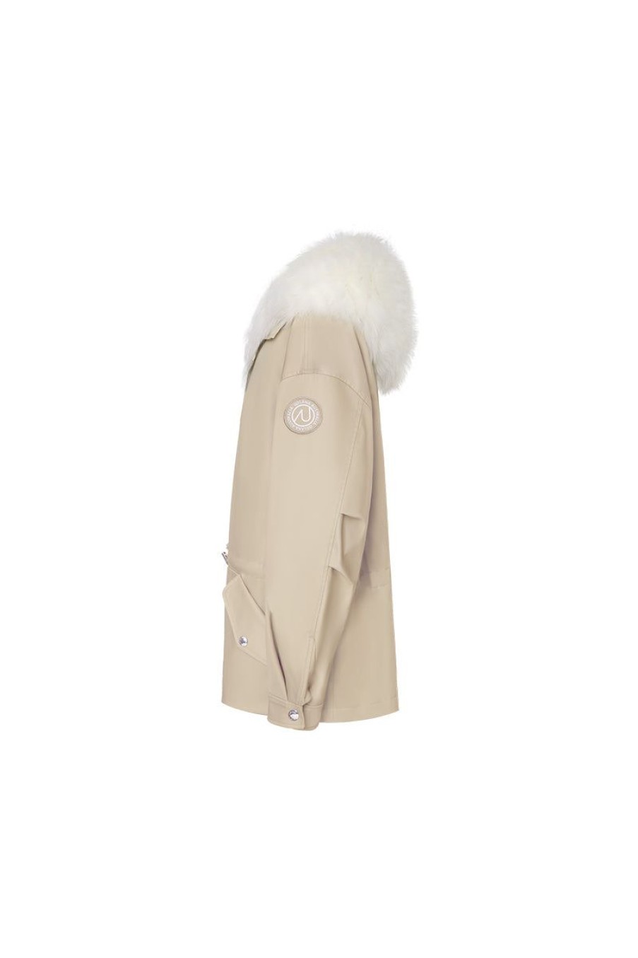 OZLANA Classic & Designer Parkas | Khaki Transform Parka +White Hooded Fur Coat