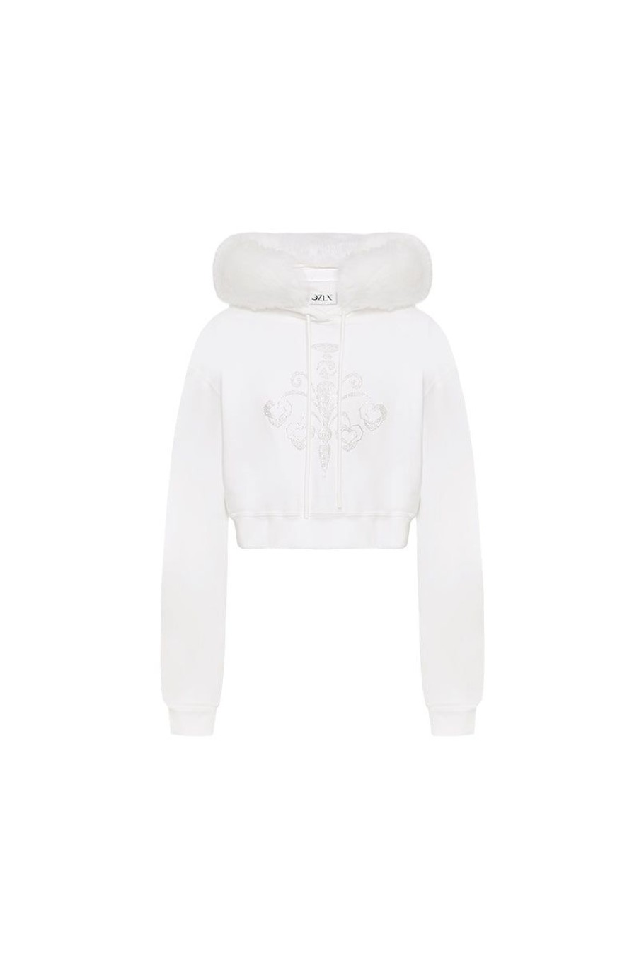 OZLANA Tops | Ozln Heart Rose Cropped Hoodie(White)