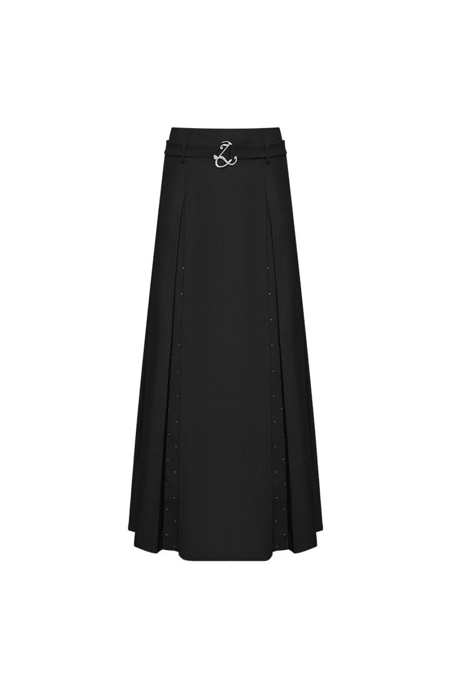 OZLANA Bottoms | Ozln Splice Low Waist Pleated Maxi Skirt(Black)