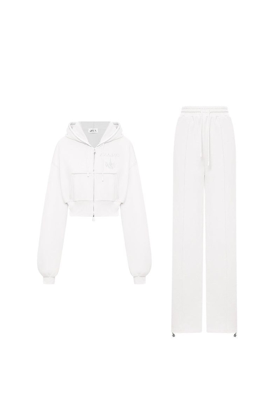 OZLANA Matching Sets | Ozln Rhinestone Hoodie Sweat Suit Set(White)