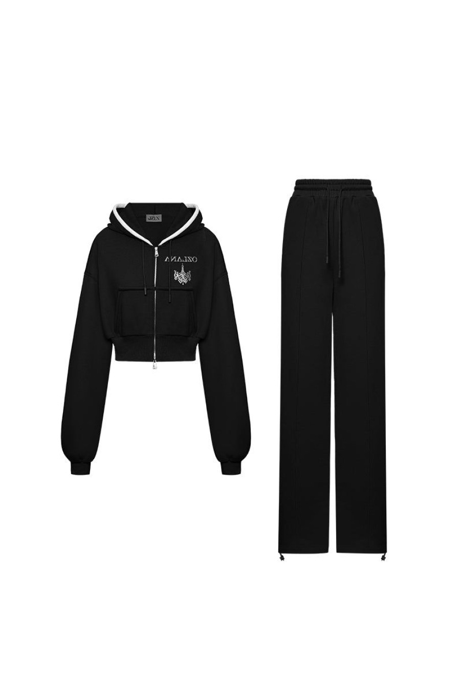 OZLANA Ozln | Ozln Rhinestone Hoodie Sweat Suit Set(Black)