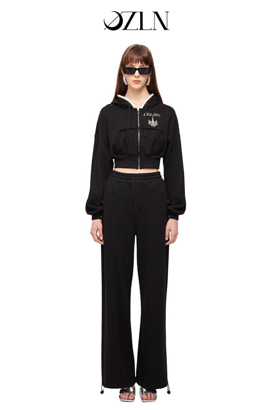 OZLANA Ozln | Ozln Rhinestone Hoodie Sweat Suit Set(Black)