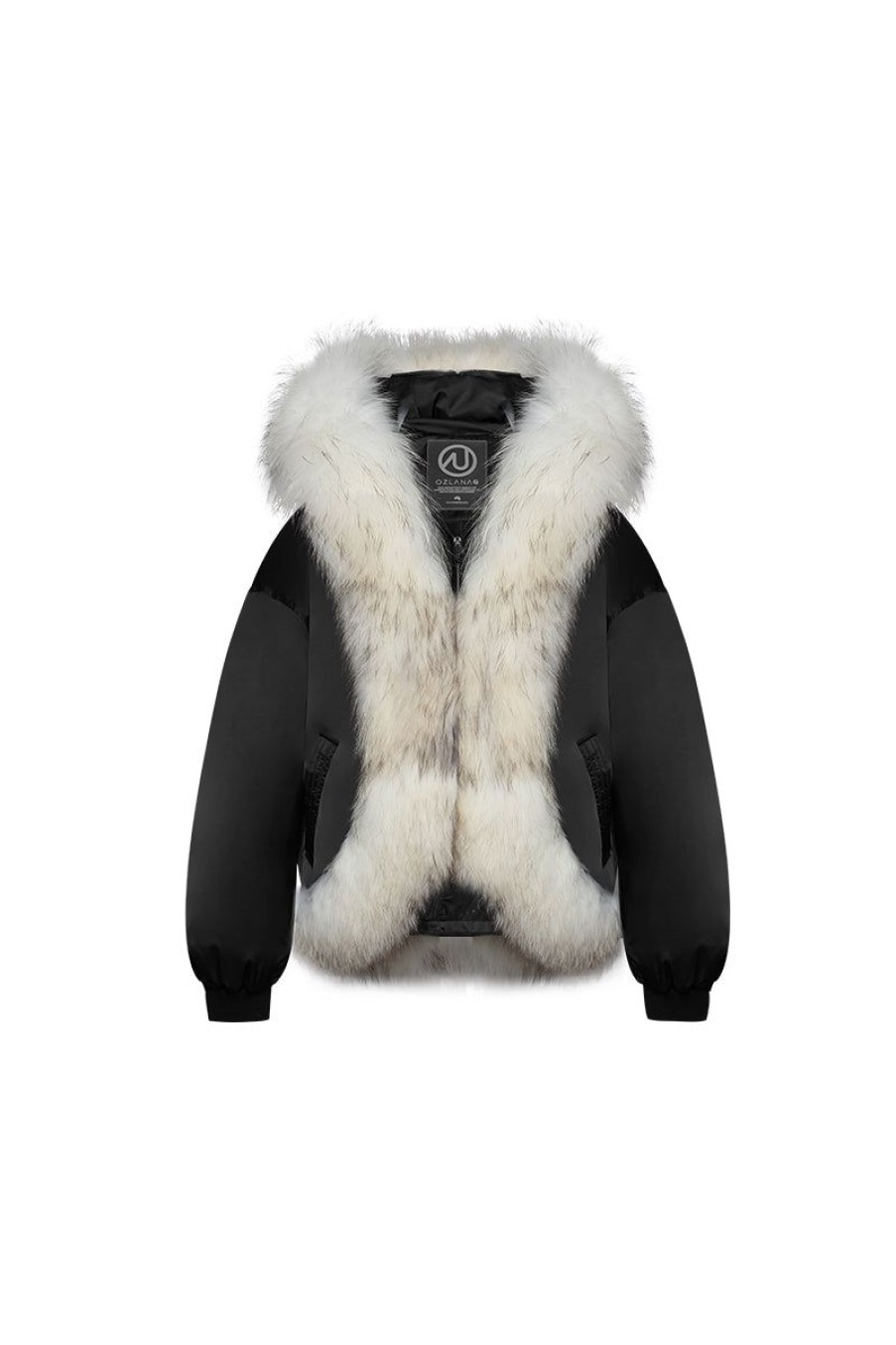 OZLANA Down Puffer Jackets | Croissant Racoon Fur Hooded Downjacket(Black)