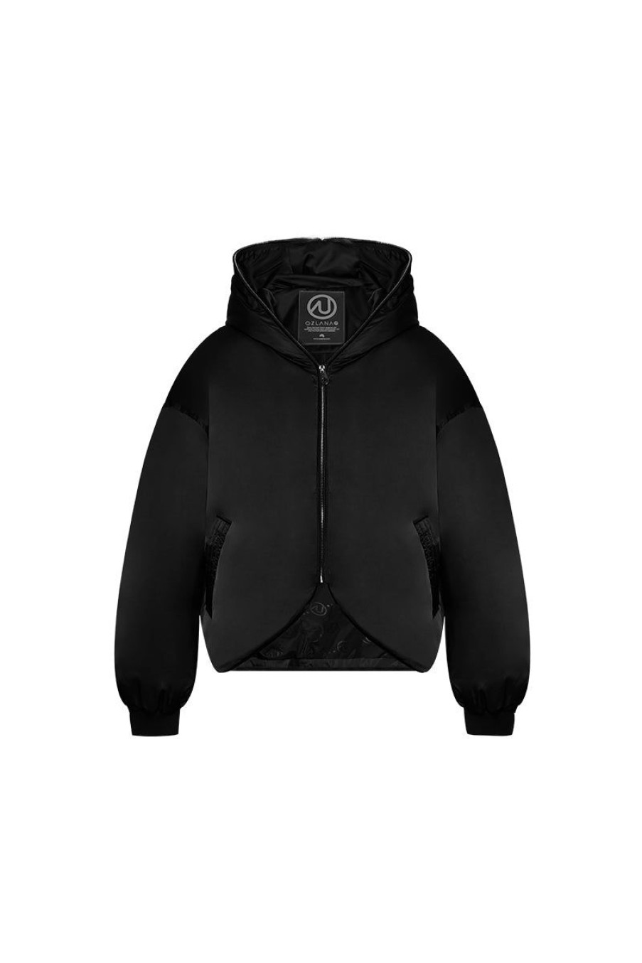 OZLANA Down Puffer Jackets | Croissant Racoon Fur Hooded Downjacket(Black)