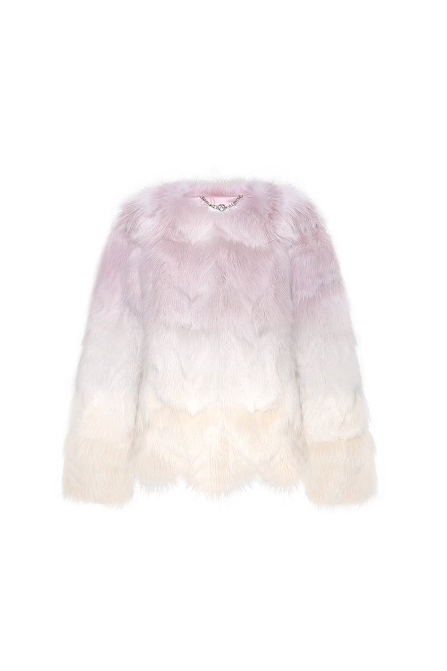 OZLANA Full Fur Jackets | Sunrise Gradient Round Neck Fox Fur Jacket (Purple)