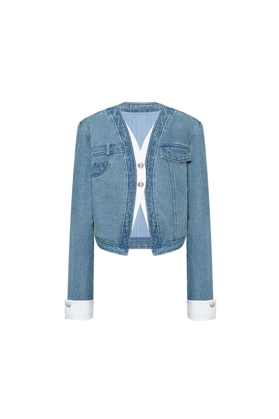 OZLANA Ozln | Ozln Arc Layered Placket Denim Jacket (Blue)