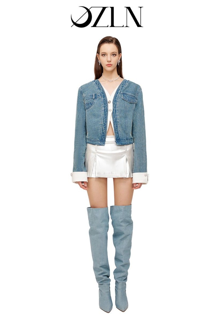 OZLANA Ozln | Ozln Arc Layered Placket Denim Jacket (Blue)