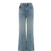 OZLANA Bottoms | Vintage Wash Denim Split Flare Jeans(Denim Blue )