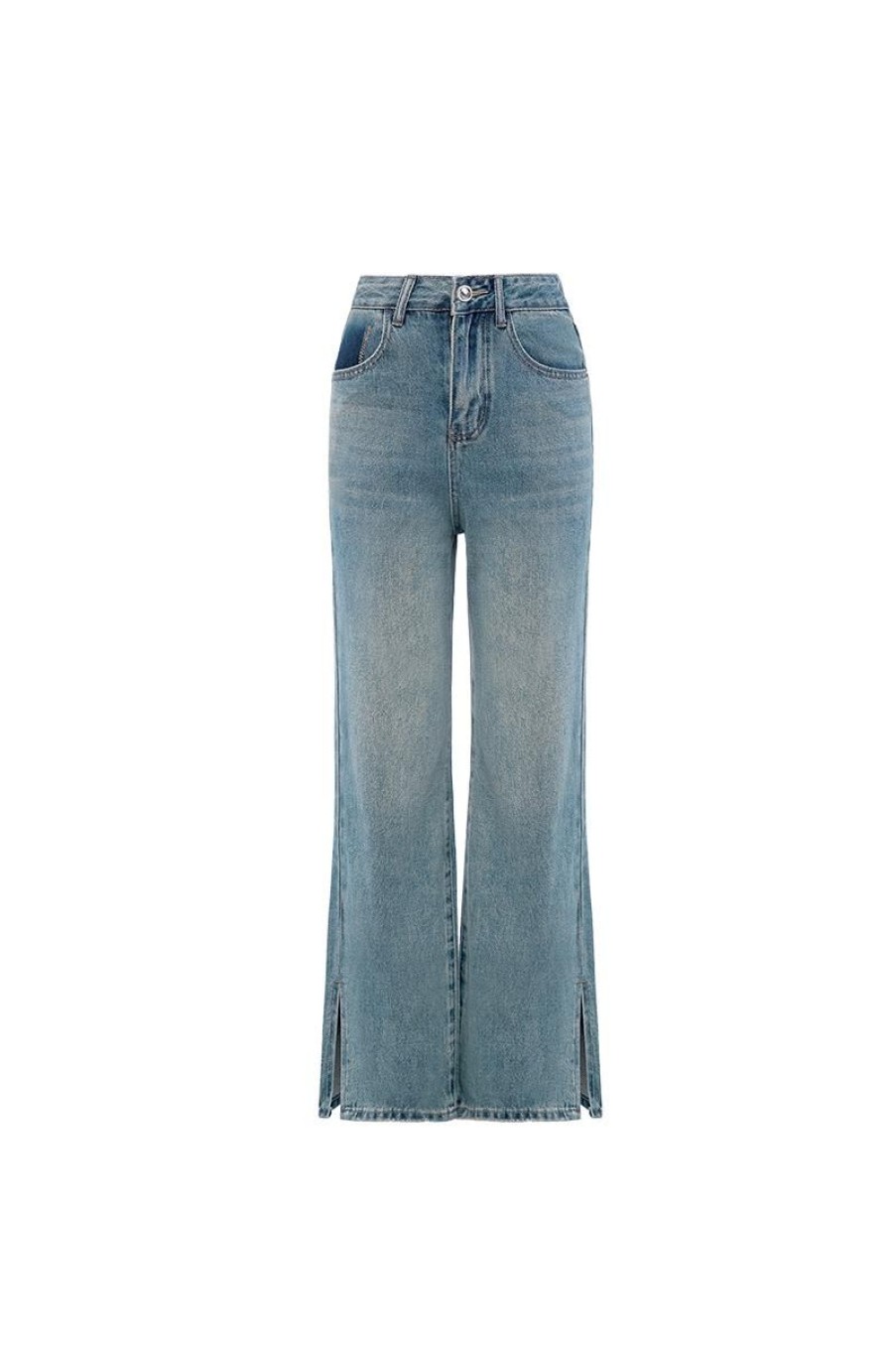 OZLANA Bottoms | Vintage Wash Denim Split Flare Jeans(Denim Blue )