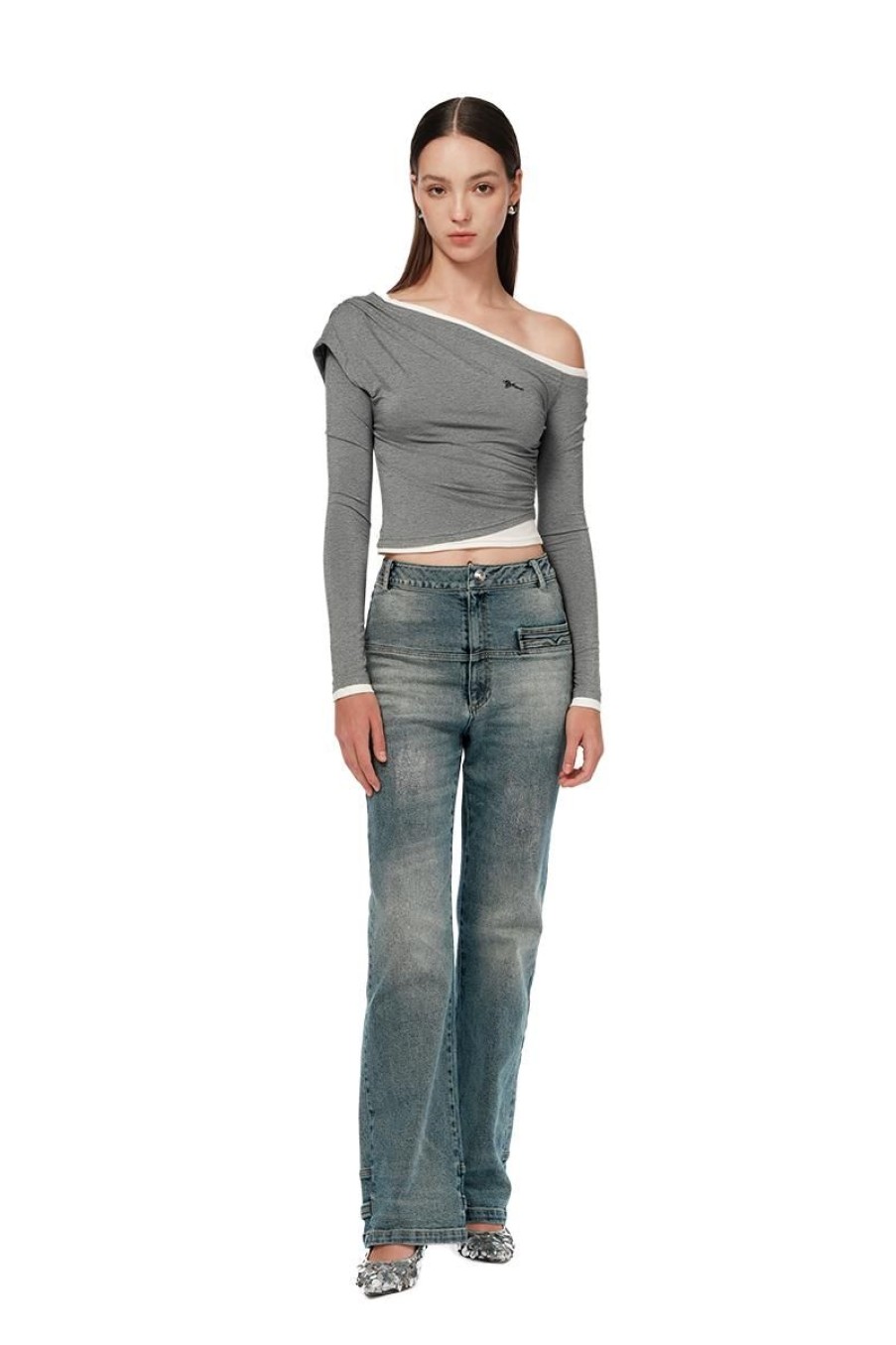 OZLANA Tops | One Shoulder Slim Top(Gray)