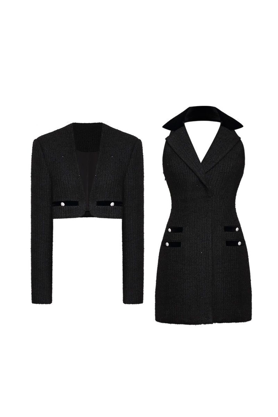 OZLANA Ozln | Ozln Tweed Halterneck Suit & Dress Set (Black)