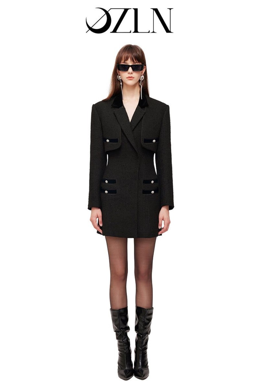 OZLANA Ozln | Ozln Tweed Halterneck Suit & Dress Set (Black)