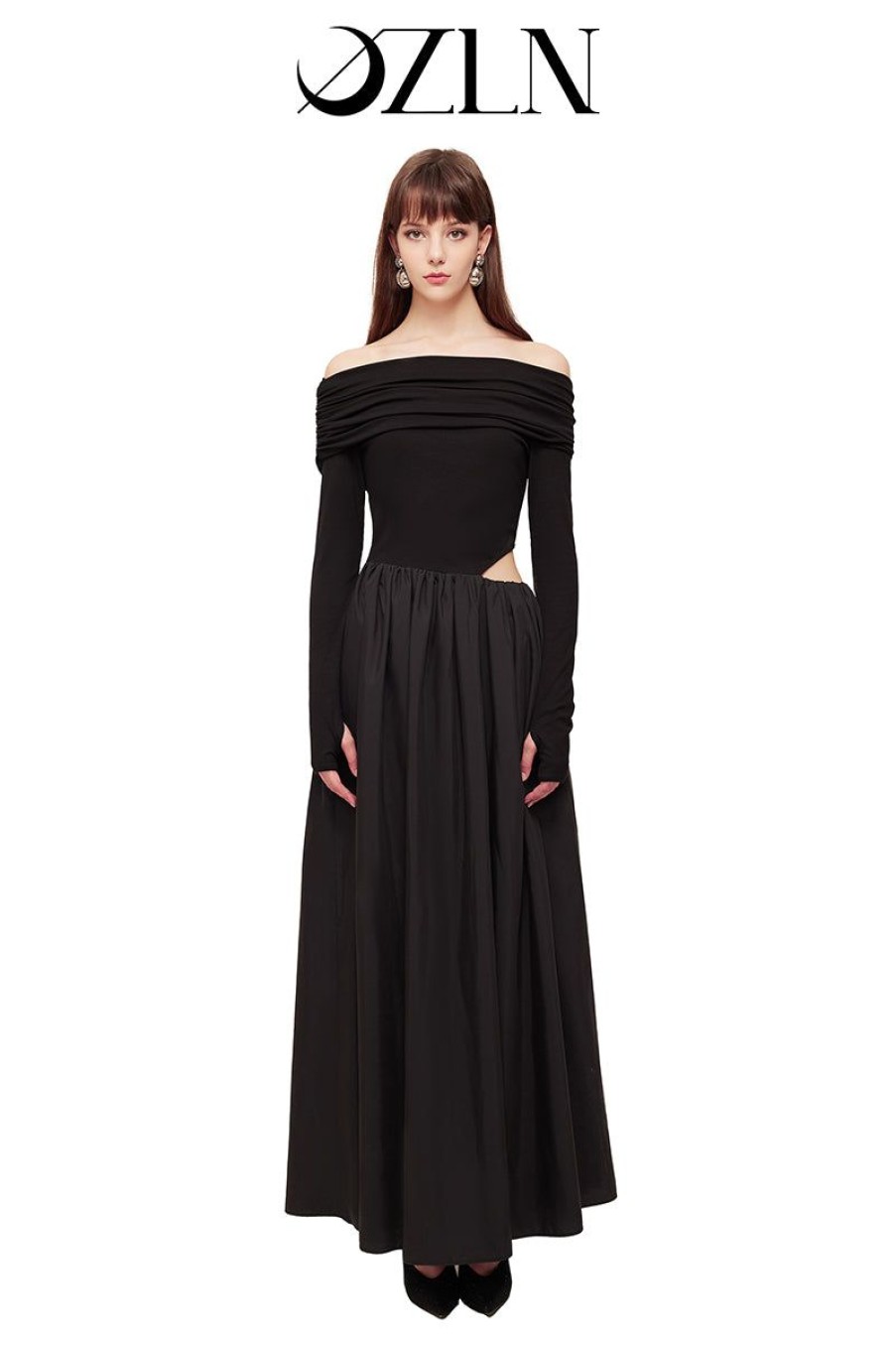 OZLANA Ozln | Ozln Slant Off Shoulder Maxi Dress(Black)