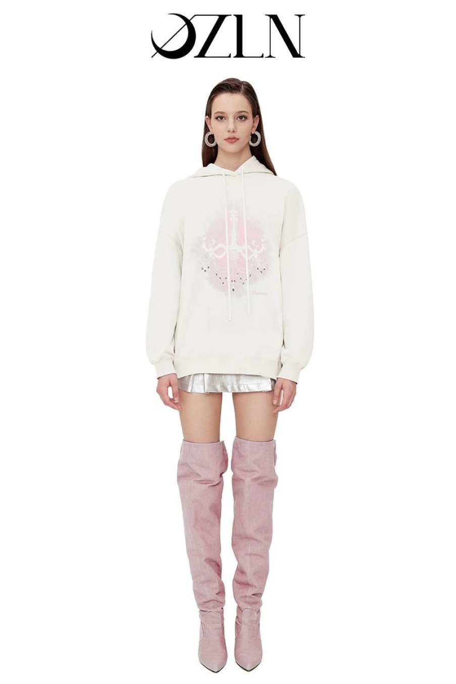 OZLANA Tops | Ozln Silhouette Chandelier Oversized Hoodie (White)