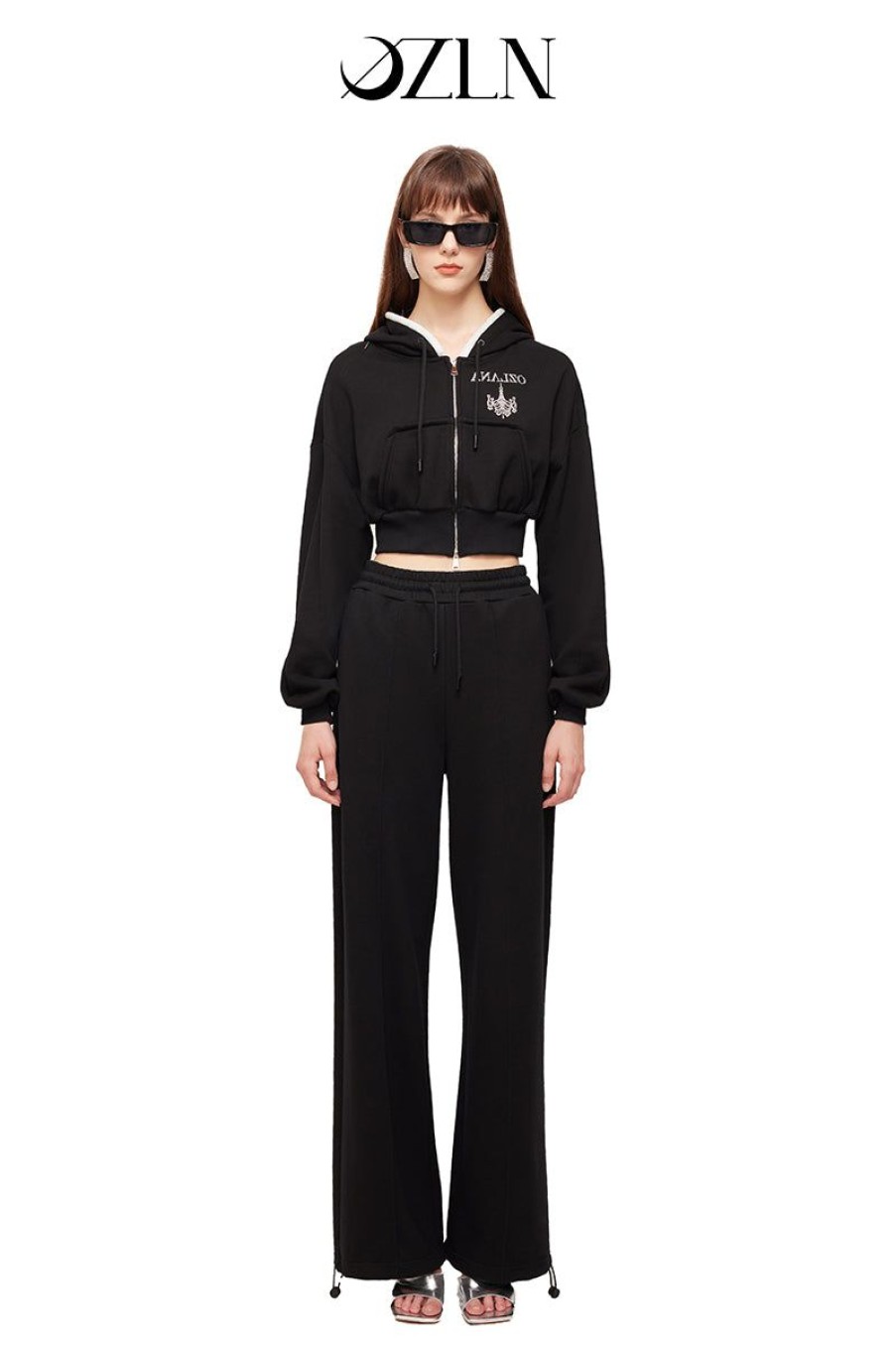 OZLANA Tops | Ozln Rhinestone Hoodie Sweat Suit Set(Black)