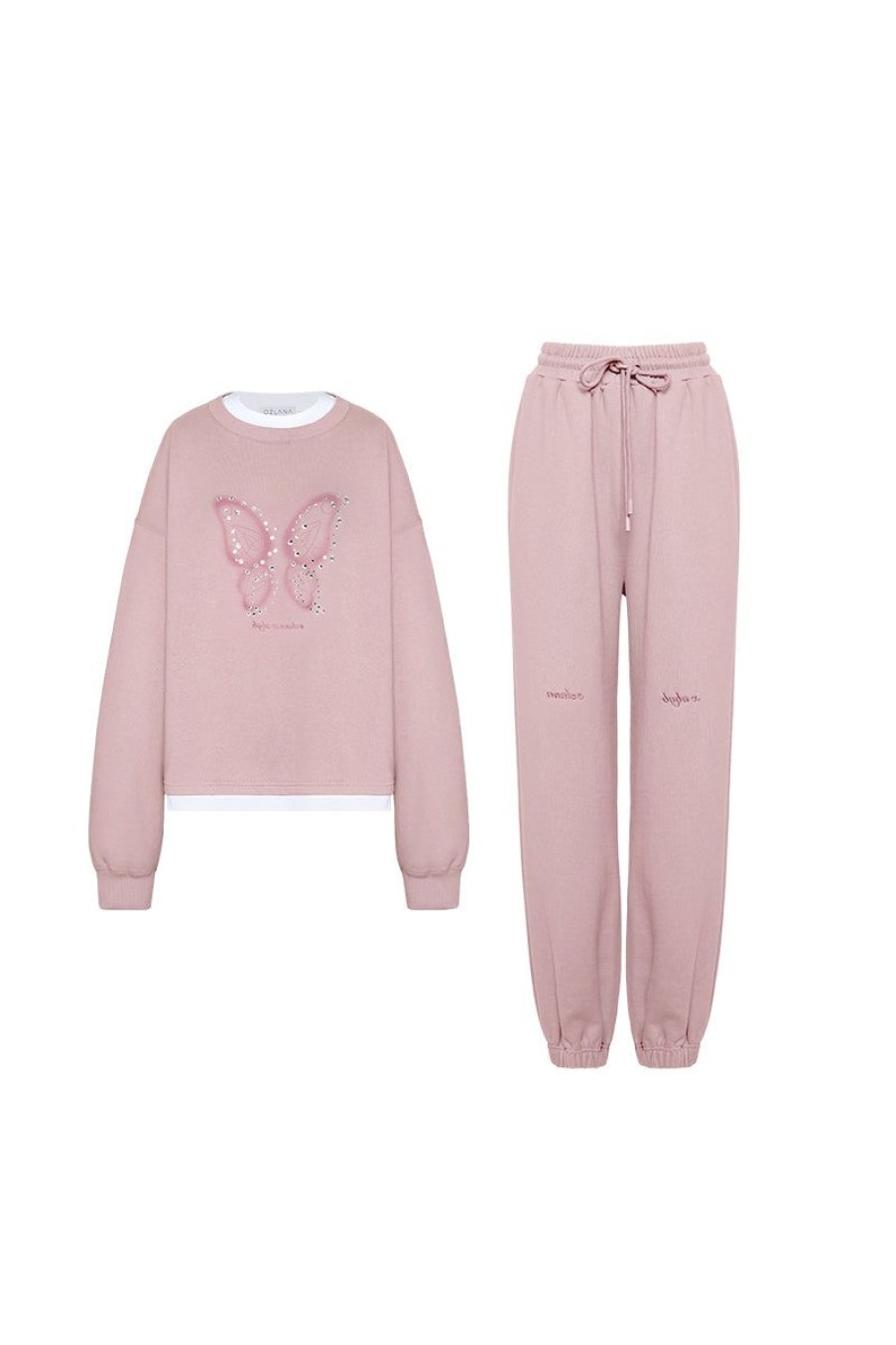 OZLANA Tops | Butterfly Oversized Sweatshirt Set(Pink)