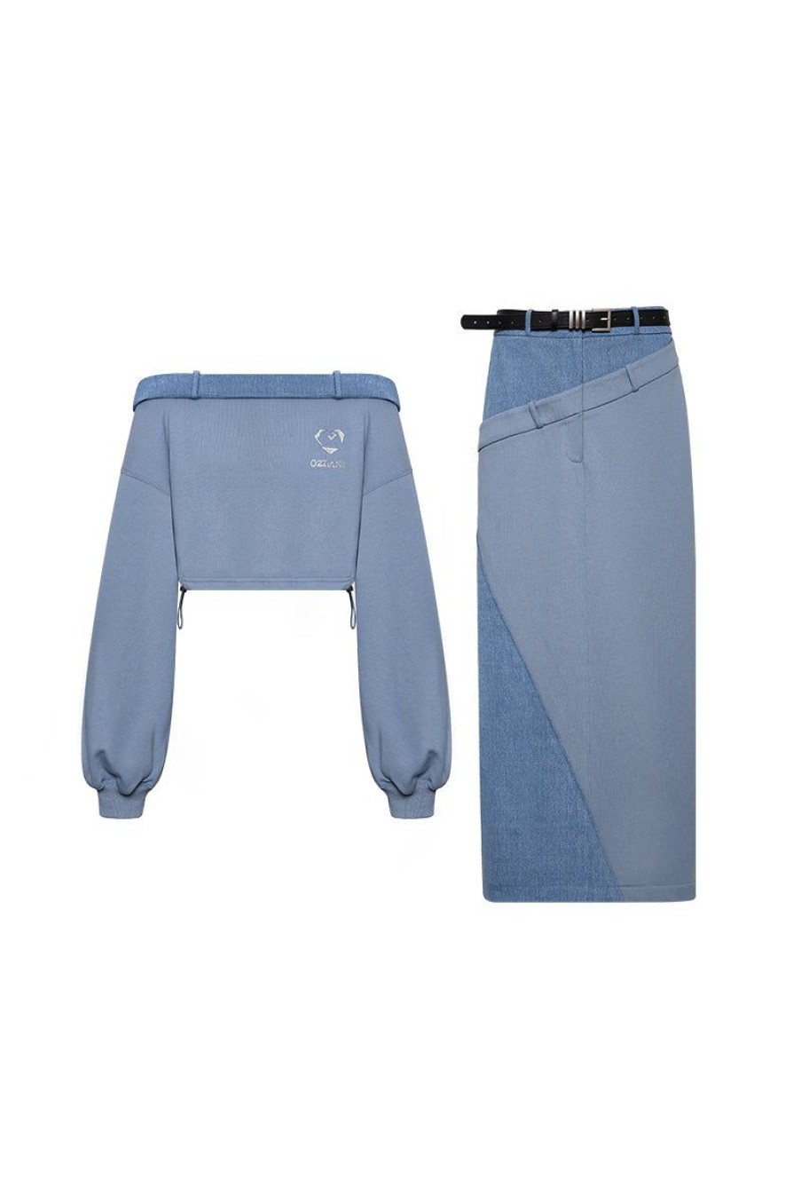 OZLANA Ozln | Ozln Off Shoulder Sweatshirt Skirt Set (Blue)