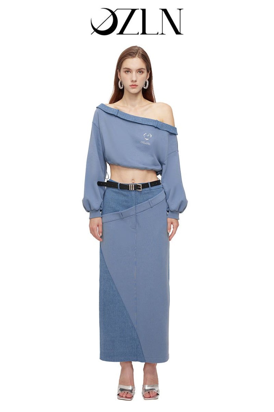 OZLANA Ozln | Ozln Off Shoulder Sweatshirt Skirt Set (Blue)