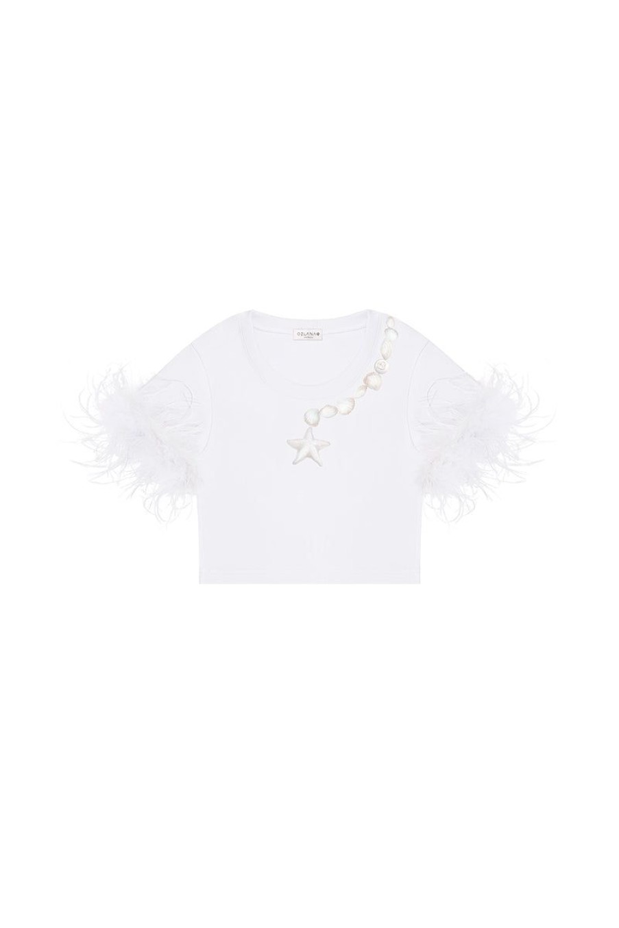 OZLANA Tops | Sea Shells Feather Cropped Tee (White)