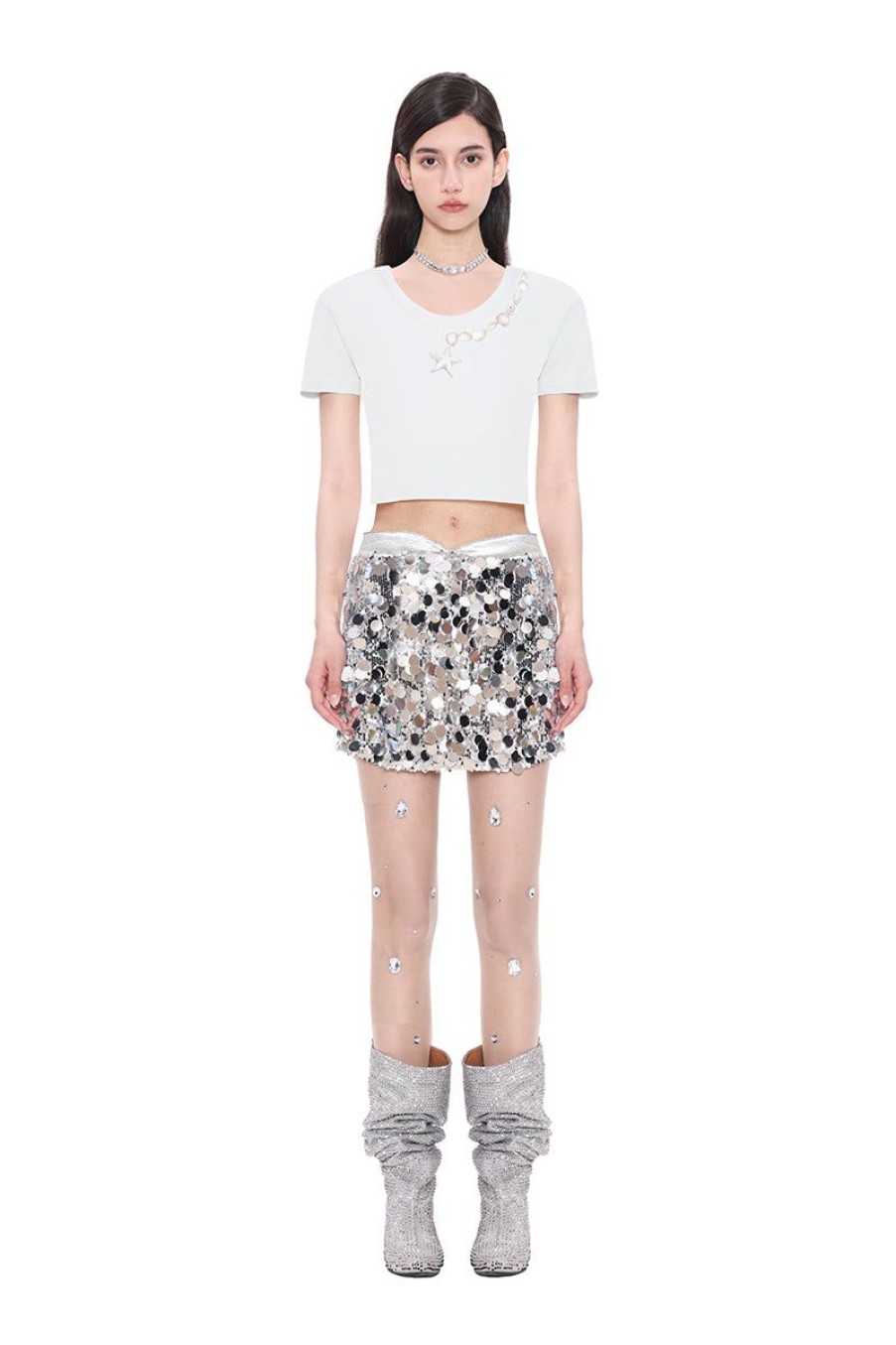 OZLANA Tops | Sea Shells Feather Cropped Tee (White)