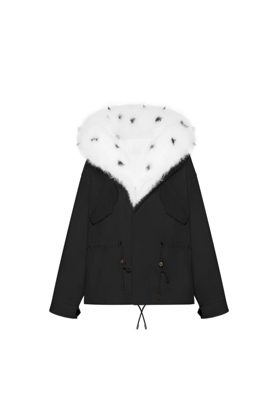 OZLANA Classic & Designer Parkas | Black Short Oversize Parka+White Polar Fox