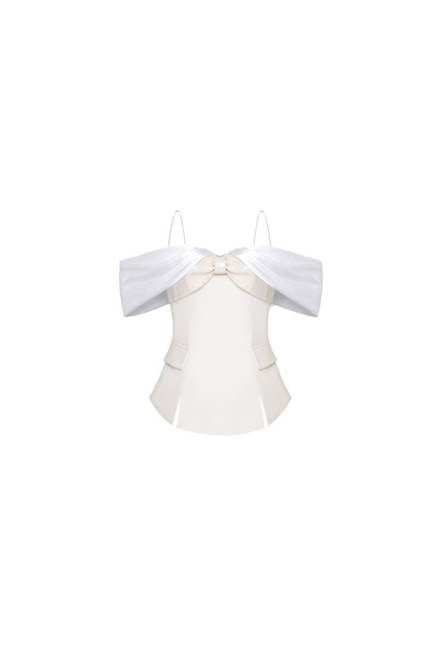 OZLANA Tops | Bow One-Line Shoulder Slim-Fit Top(Cream)