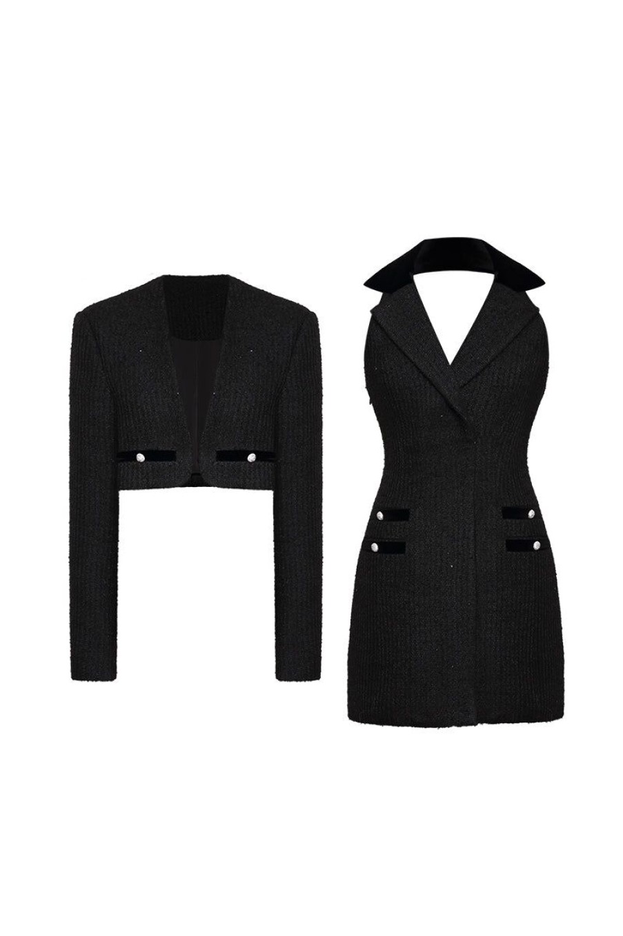 OZLANA Matching Sets | Ozln Tweed Halterneck Suit & Dress Set (Black)