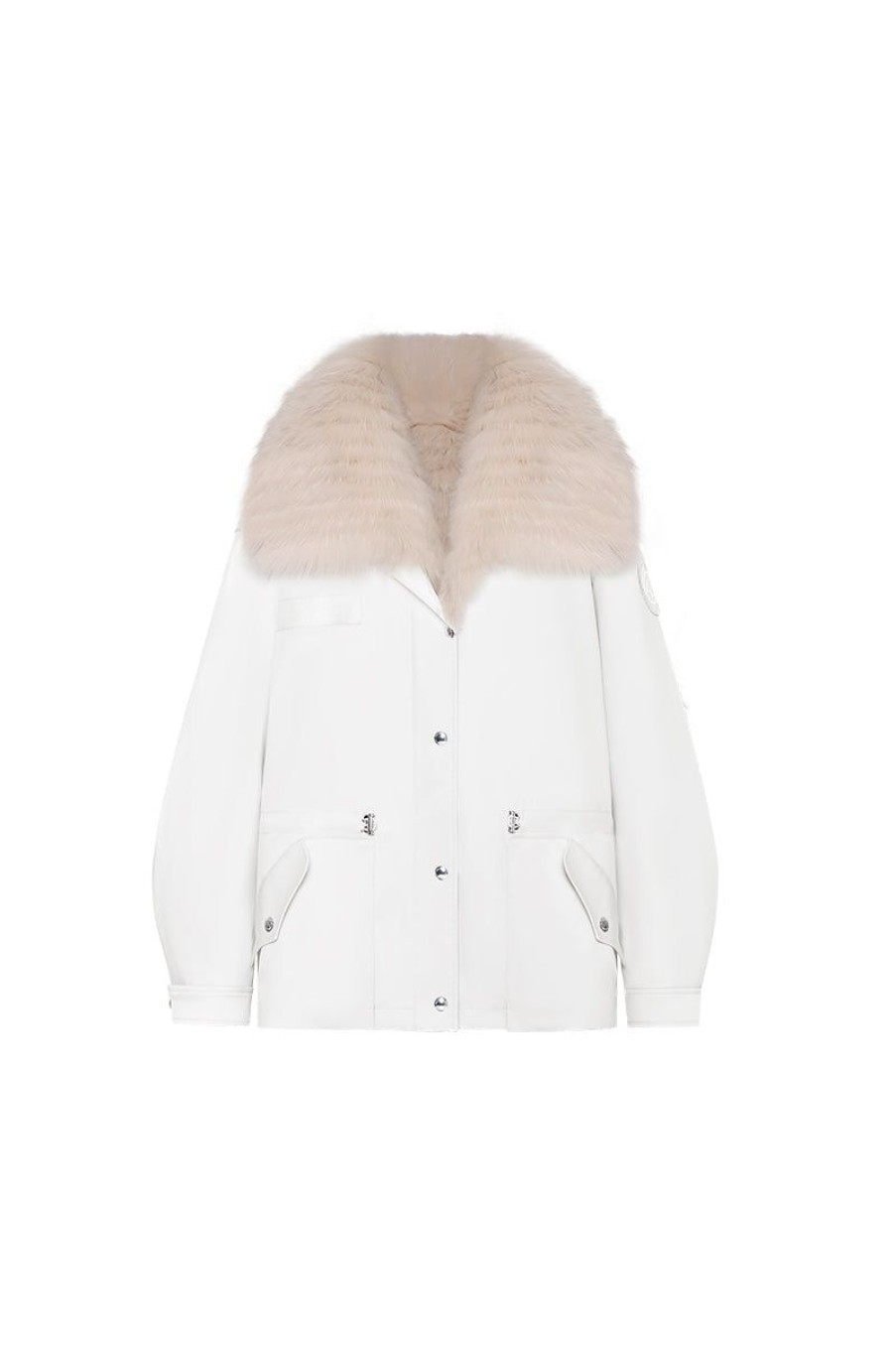 OZLANA Classic & Designer Parkas | White Transform Parka +Cream Lapel Fur Coa