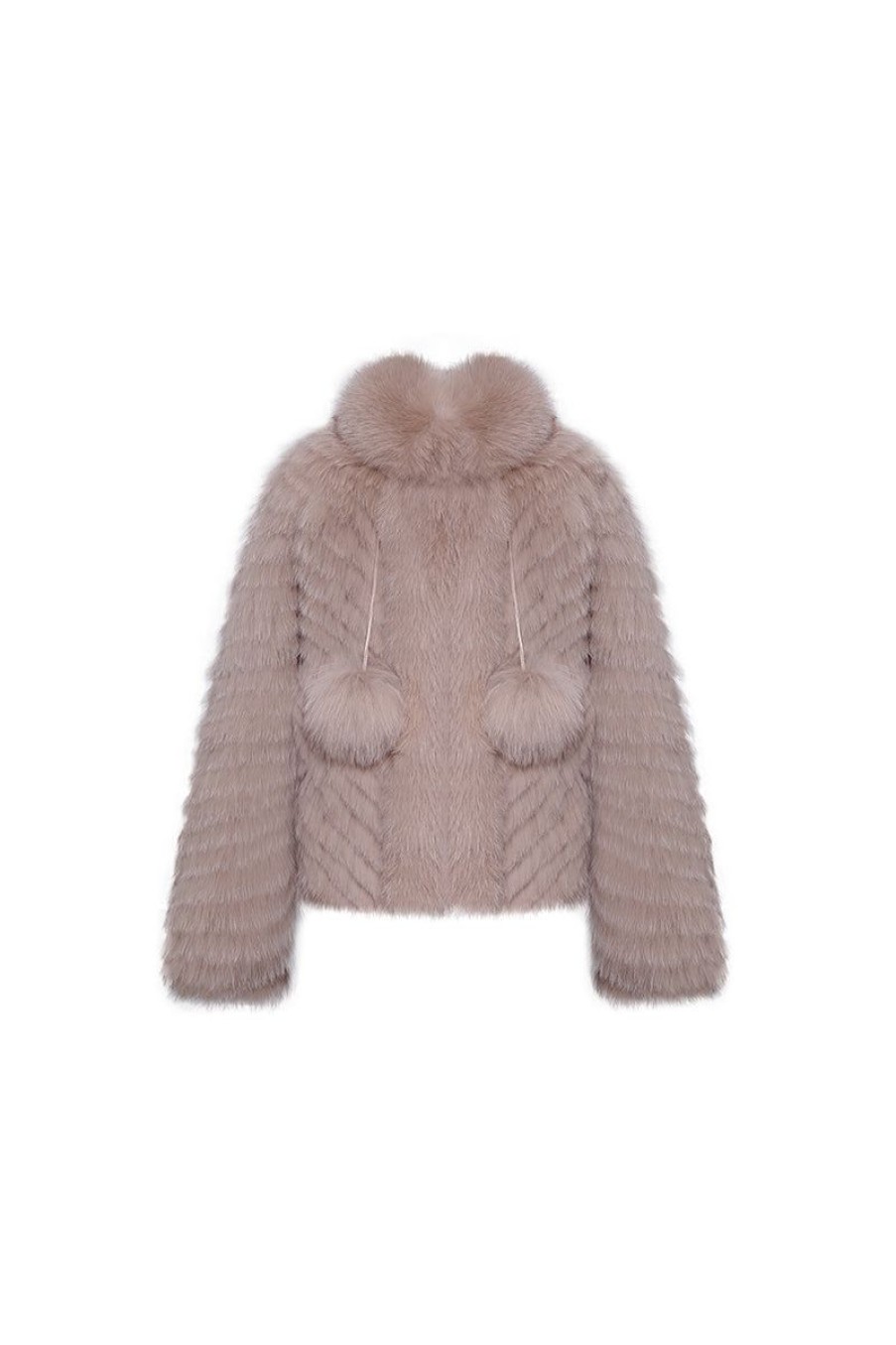 OZLANA Full Fur Jackets | Pom Pom Collar Fox Fur Jacket(Mocha)