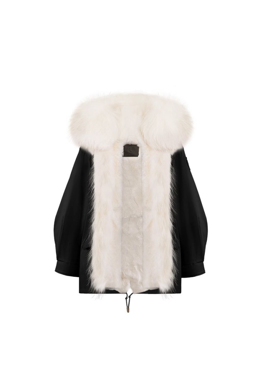 OZLANA Classic & Designer Parkas | Black Oversize Parka+Cream White Rabbit Fur/Raccoon Fur