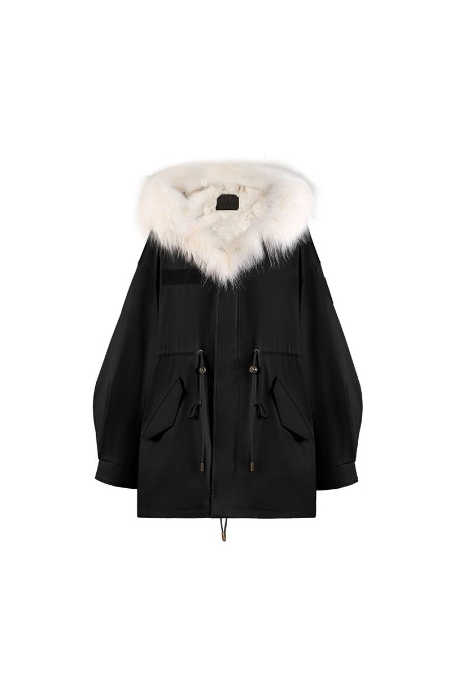 OZLANA Classic & Designer Parkas | Black Oversize Parka+Cream White Rabbit Fur/Raccoon Fur