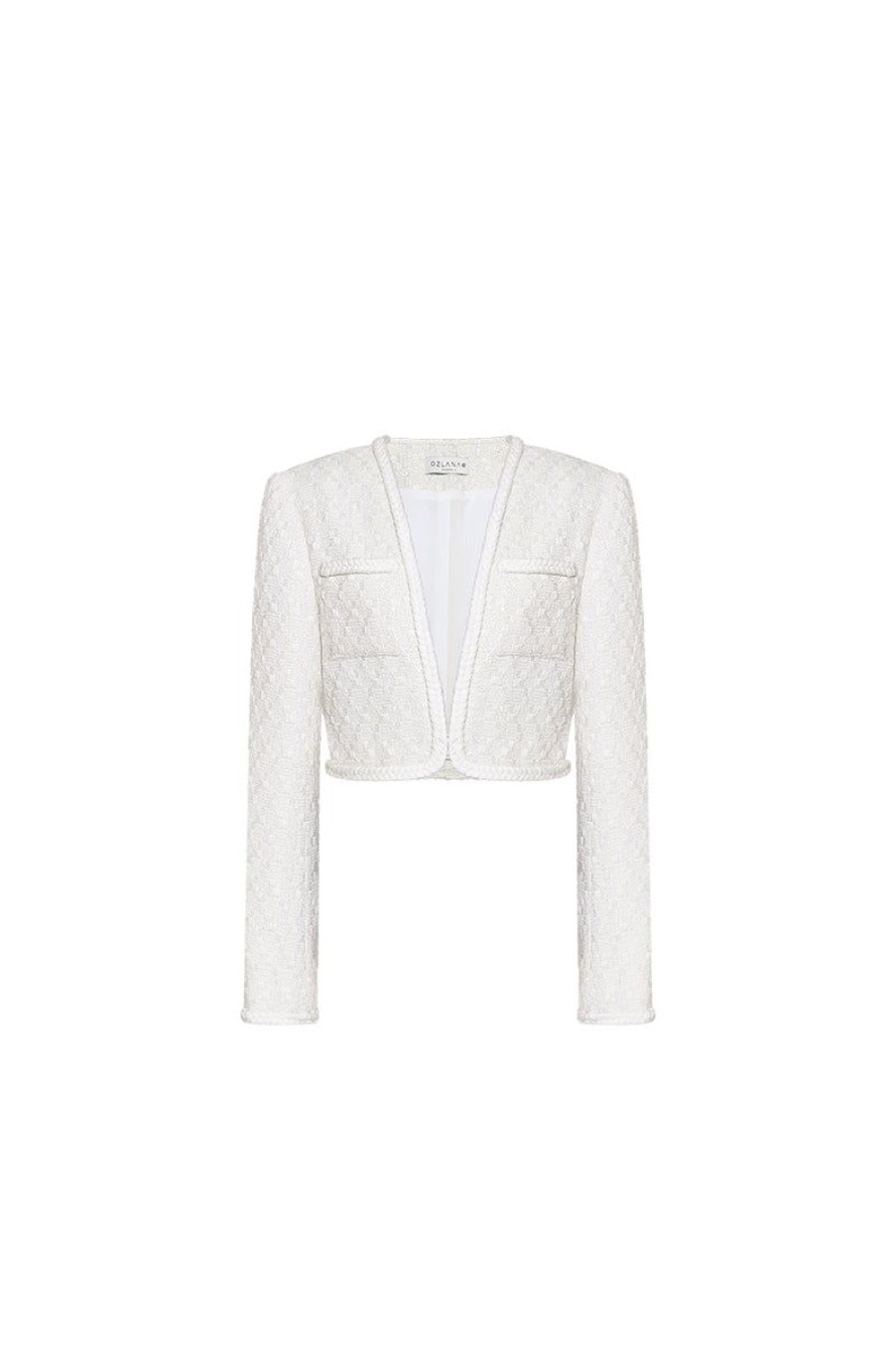 OZLANA Tops | Cropped Tweed Jacket(Cream)