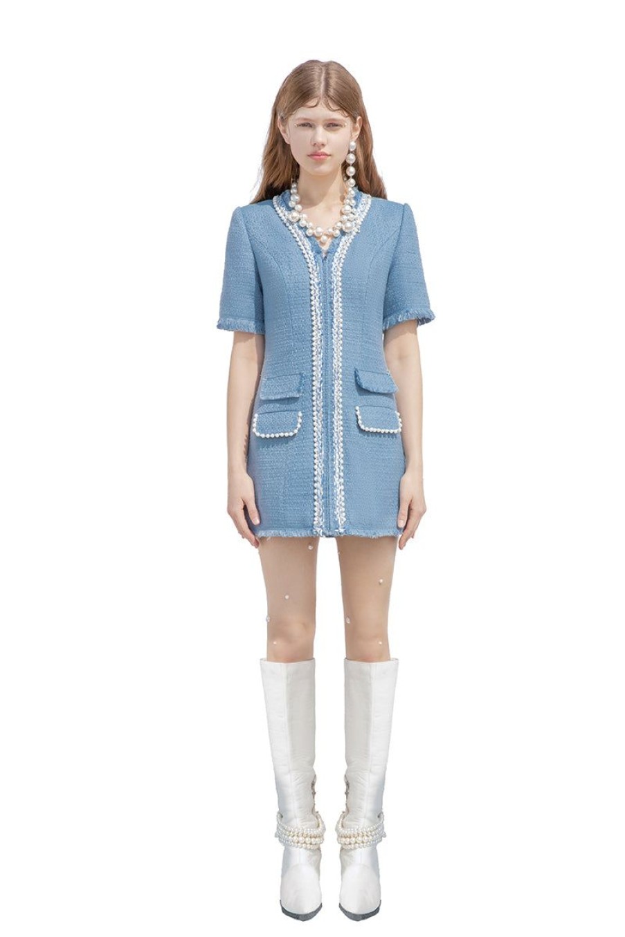 OZLANA Tweeds | Veil Of Water Shift Mini Dress(Blue)