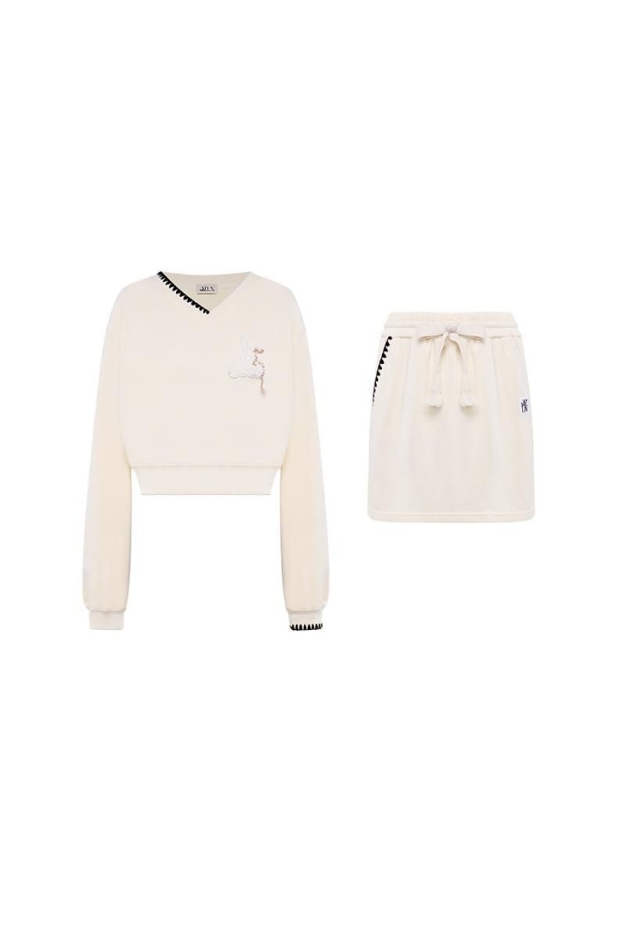 OZLANA Matching Sets | Bunny Stitched Lounge Skirt & Sweatshirt Set (Cream)