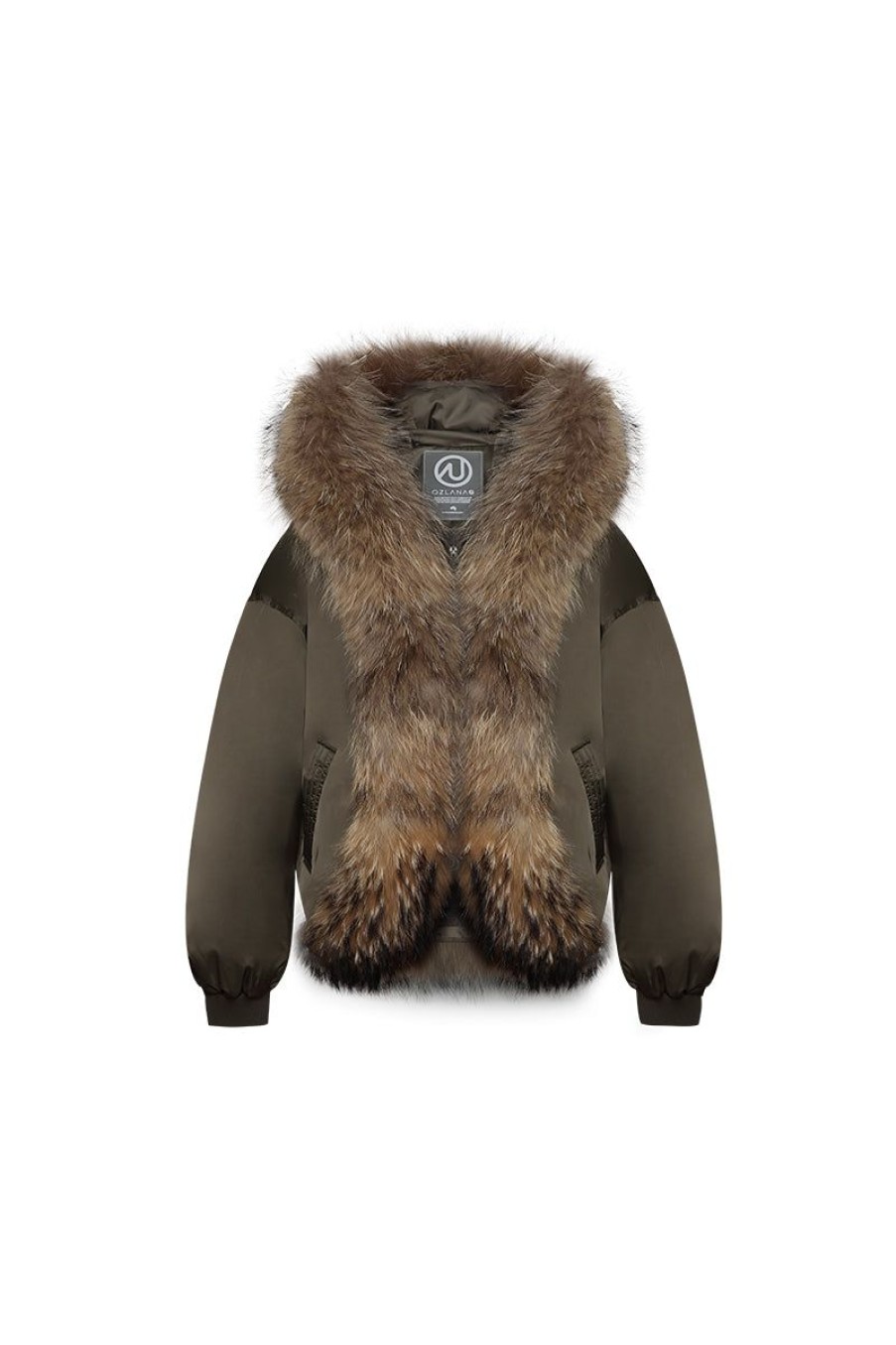 OZLANA Down Puffer Jackets | Croissant Racoon Fur Hooded Downjacket(Olive-Green)