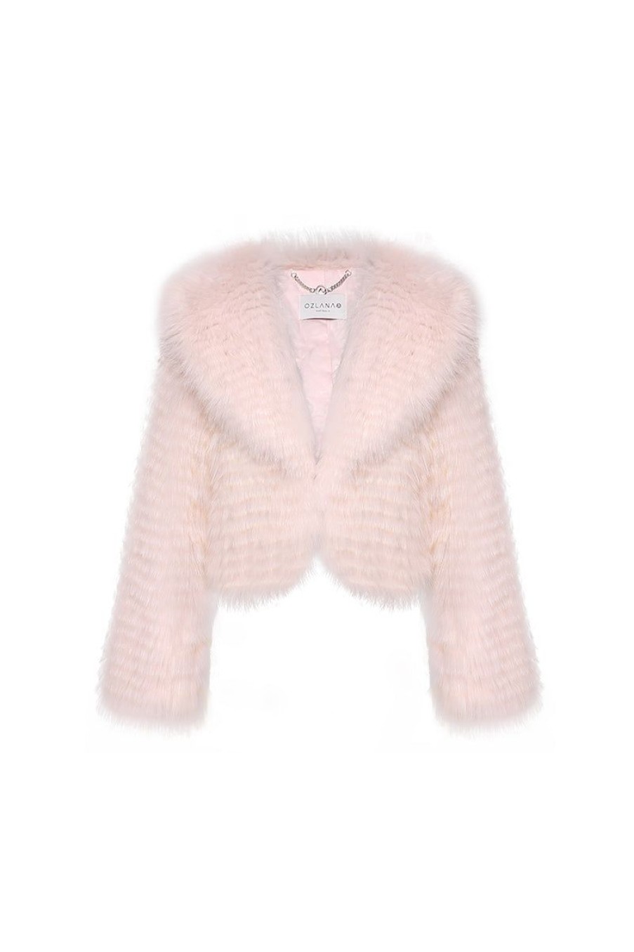 OZLANA Full Fur Jackets | Arc Cropped Wide Lapel Fox Fur Jacket (Pink)