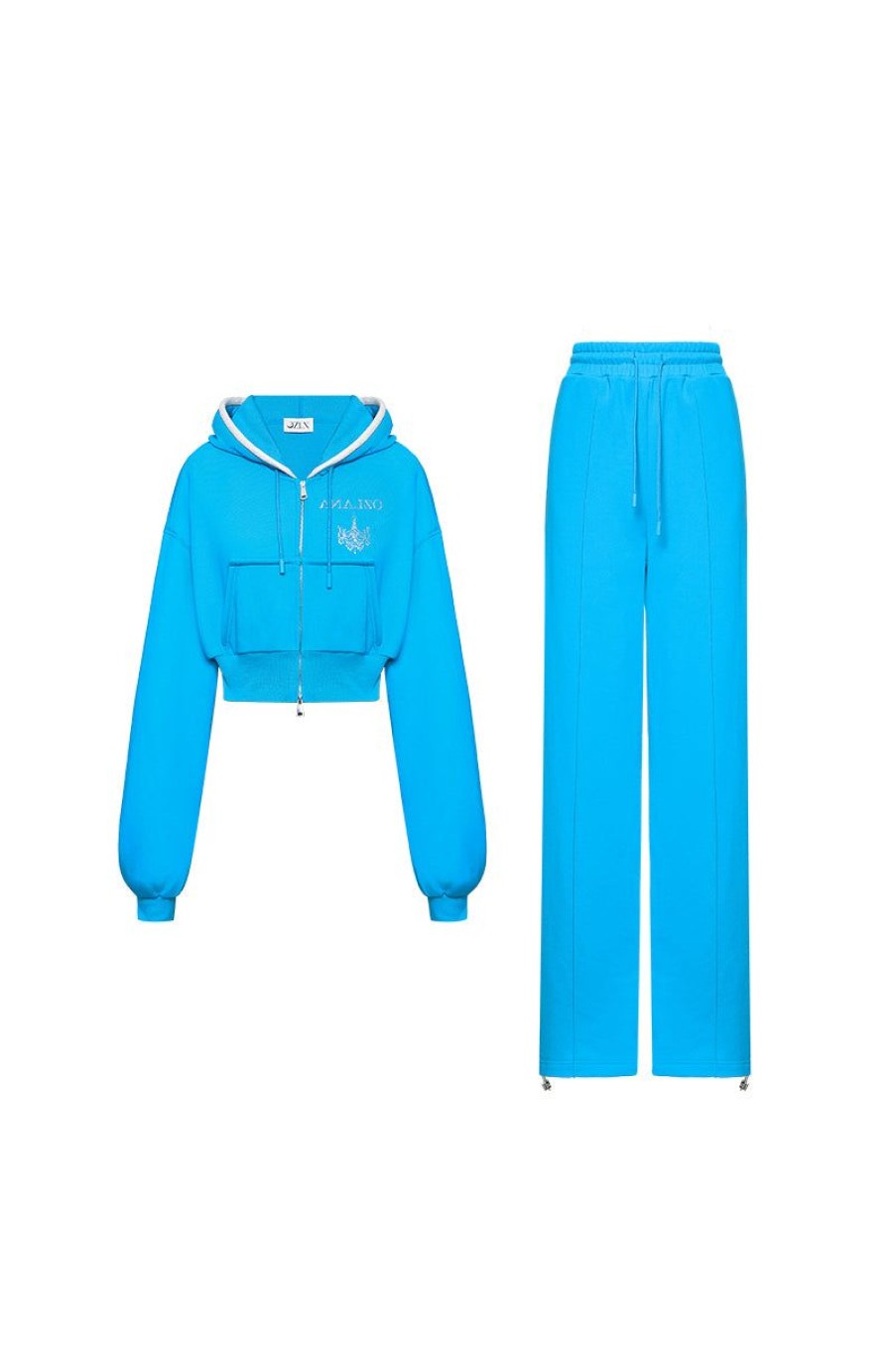 OZLANA Ozln | Ozln Rhinestone Hoodie Sweat Suit Set(Electric Blue)