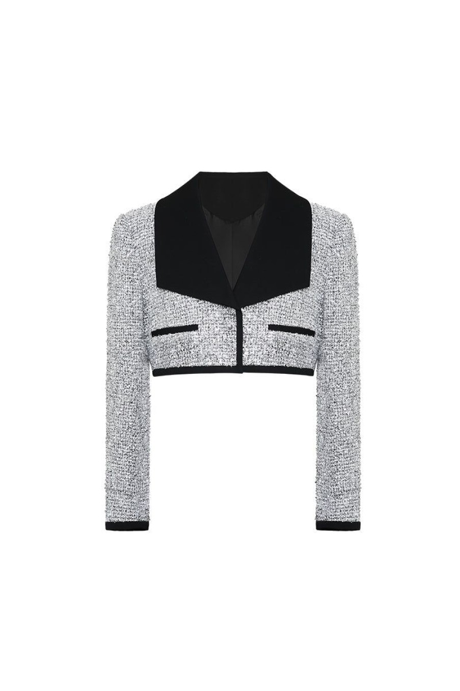 OZLANA Tops | Ozln Mirrorball Contrast Wide Lapel Cropped Blazer (Silvery)