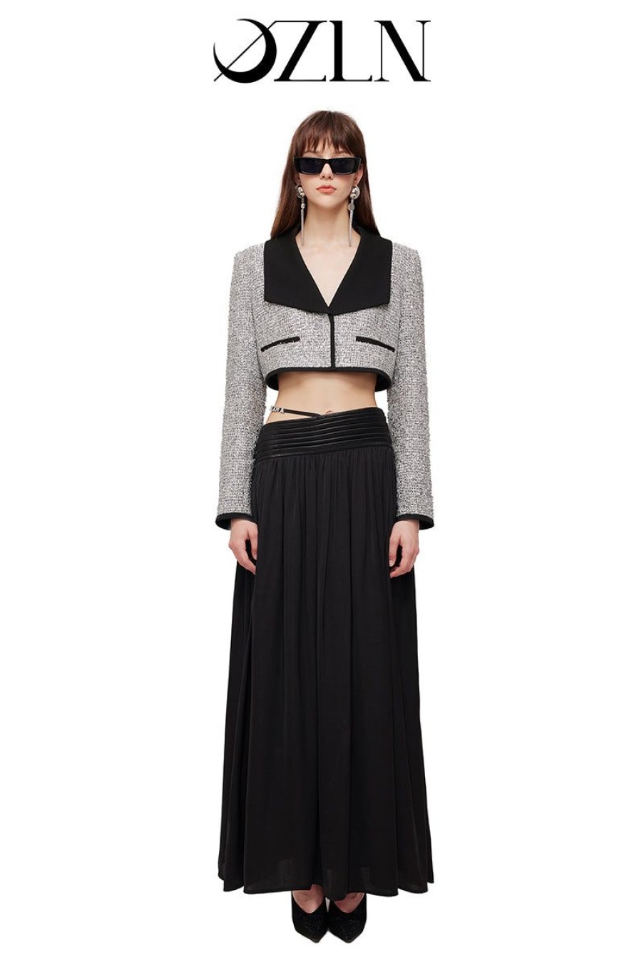 OZLANA Tops | Ozln Mirrorball Contrast Wide Lapel Cropped Blazer (Silvery)