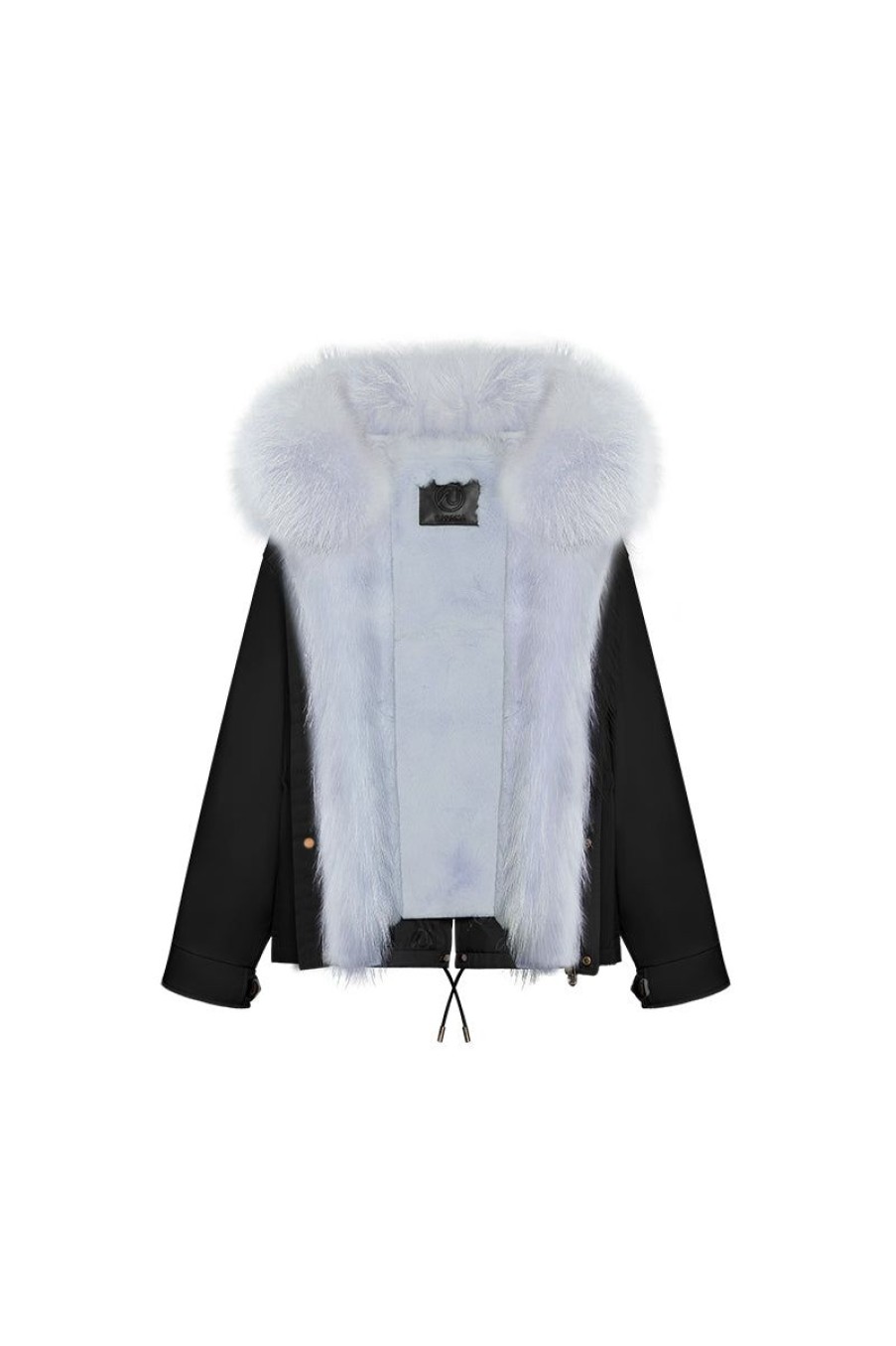 OZLANA Classic & Designer Parkas | Black Short Oversize Parka+Blue Rabbit Fur/Raccoon Fur