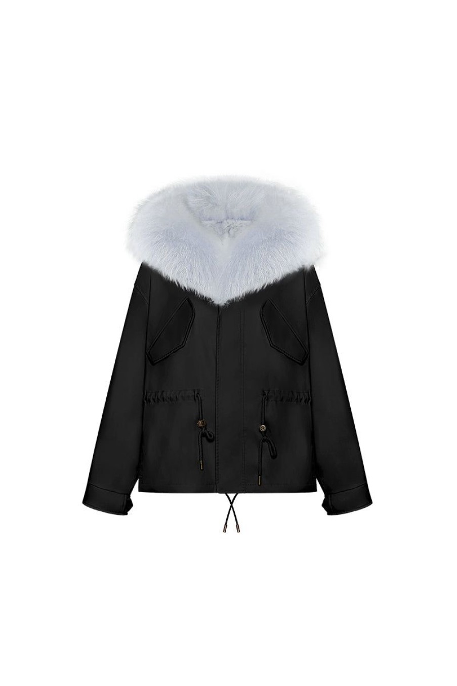 OZLANA Classic & Designer Parkas | Black Short Oversize Parka+Blue Rabbit Fur/Raccoon Fur