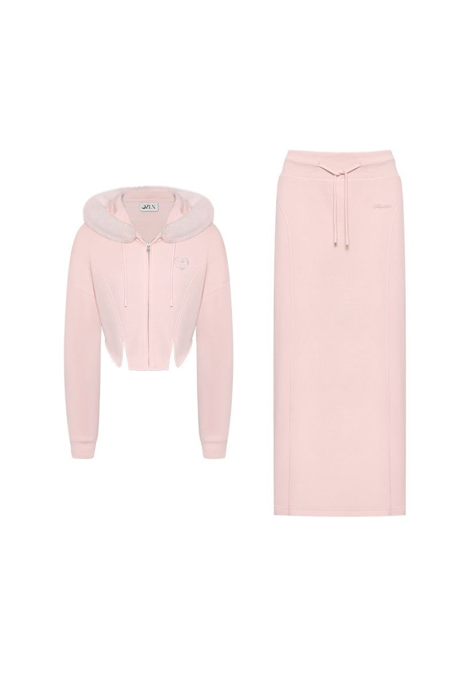 OZLANA Tops | Ozln Heart Rose Hoodie Sweat Suit Maxi Skirt Set(Pink)