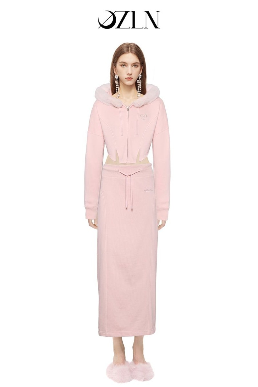 OZLANA Tops | Ozln Heart Rose Hoodie Sweat Suit Maxi Skirt Set(Pink)